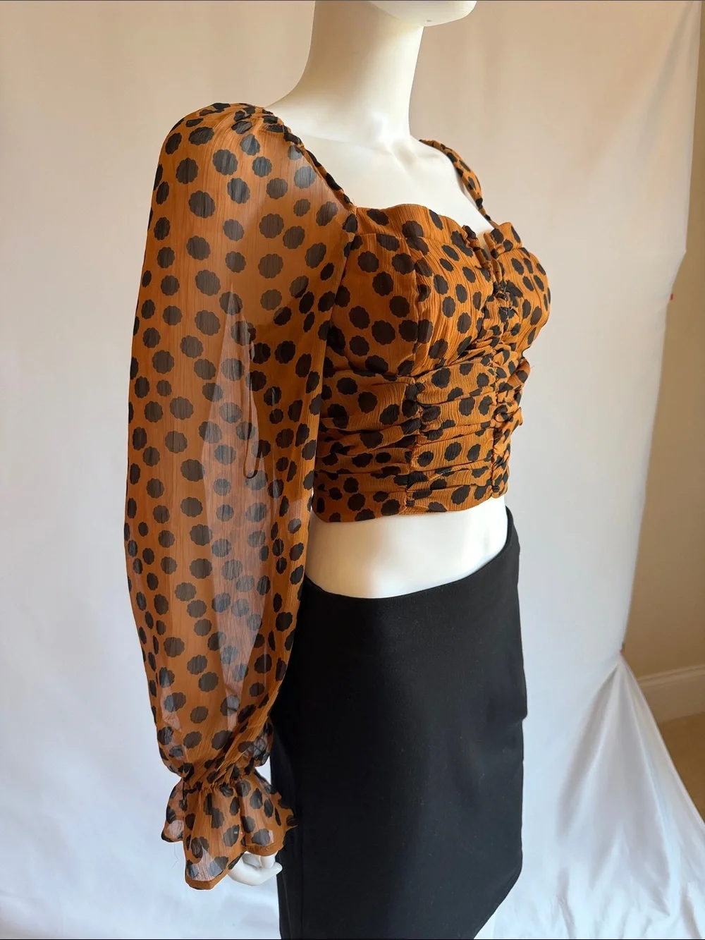 Free People Amber and Black Polka Dot Ruched Long-Sleeve Crop Top